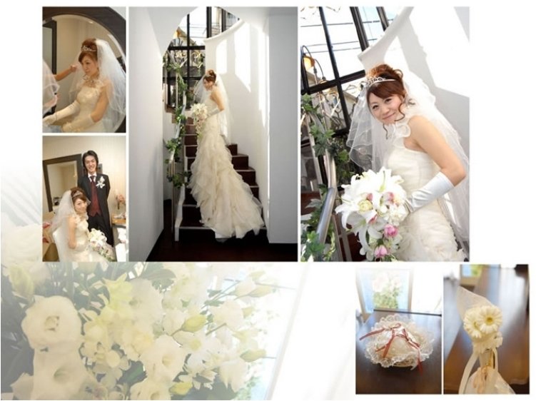 お支度を終えられたお二人は教会の前で撮影を楽しまれ、新婦の大きなユリのブーケが素敵な印象です。2頁目:結婚式アルバム