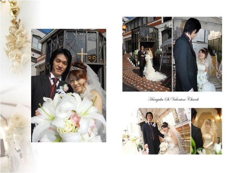 白を基調とした教会内はブルーのシャンデリアがアクセント。3頁目:結婚式アルバム