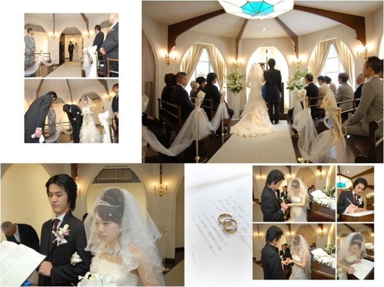 親しい親族に見守られ進む挙式に、お二人も緊張の面持ちです。4頁目:結婚式アルバム