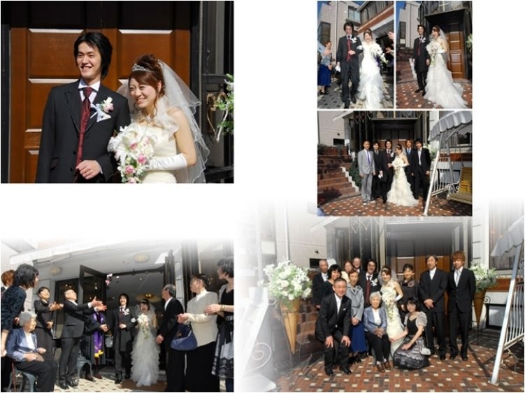 豪快なファーストバイトに新郎が苦戦、新婦のドレスにケーキをこぼしてしまったようです。6頁目:結婚式アルバム