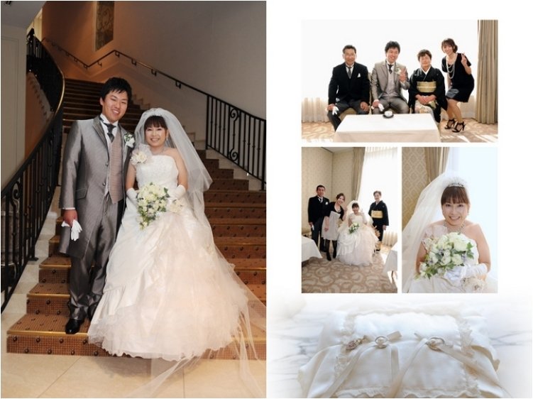 蝶と海をイメージした美しいステンドグラスを背景に永遠の愛を誓います。3頁目:結婚式アルバム