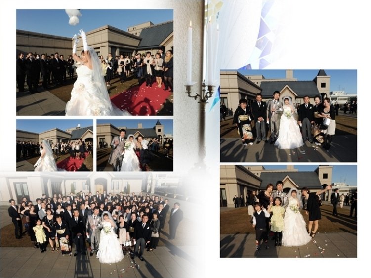 大勢の列席者に囲まれブーケトスも賑やかです。7頁目:結婚式アルバム