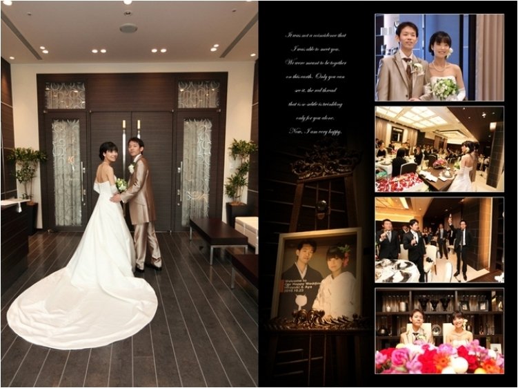 指輪交換後の新婦の喜び溢れる笑顔が印象的です。5頁目:結婚式アルバム