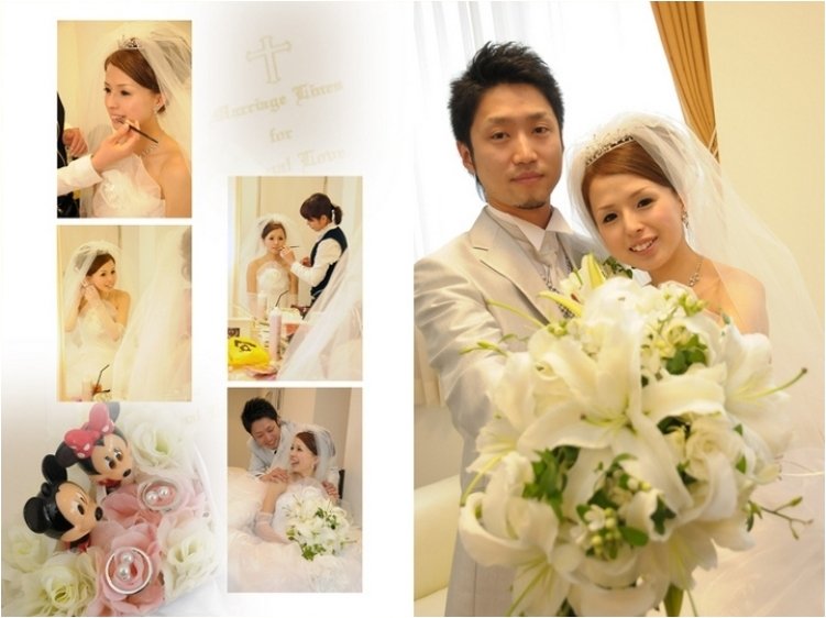 まるでヨーロッパの教会のような高い天井に大きなステンドグラス。2頁目:結婚式アルバム
