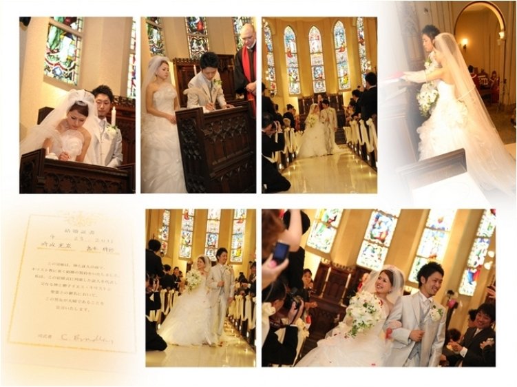ご友人たちとのお写真も多く入れ、楽しい雰囲気が伝わってきます。7頁目:結婚式アルバム