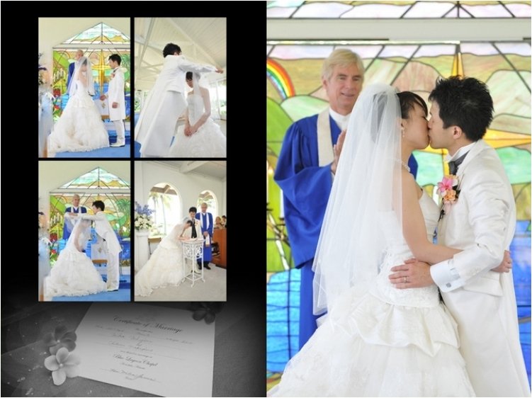 ビーチでの撮影では眩い光に負けないぐらいの笑顔の3人が印象的。7頁目:結婚式アルバム