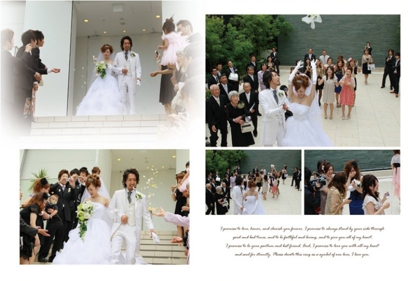 お色直しでは新婦は鮮やかな真っ赤なドレスに同じく赤のヘッドドレスとブーケを持って。5頁目:結婚式アルバム