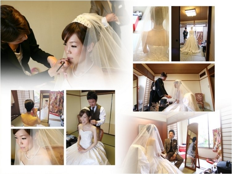 挙式は和の会場内ながら洋装で行われました。2頁目:結婚式アルバム