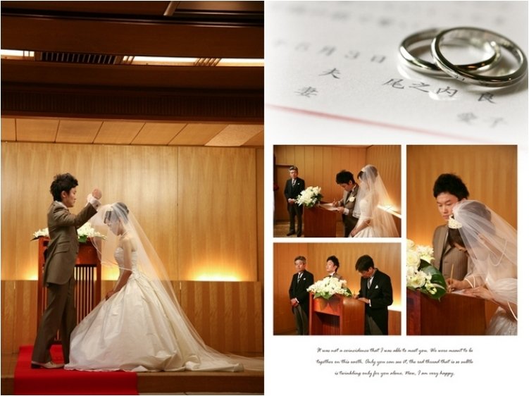 お色直しでは黒の紋付袴に鮮やかな色打掛で登場です。6頁目:結婚式アルバム