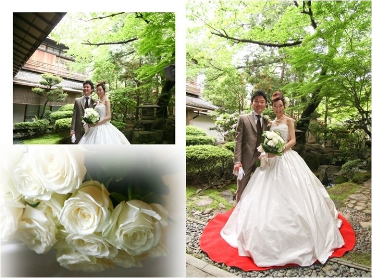 背景には美味しそうなお料理や文化財に指定されている会場のお写真も取り入れました。8頁目:結婚式アルバム
