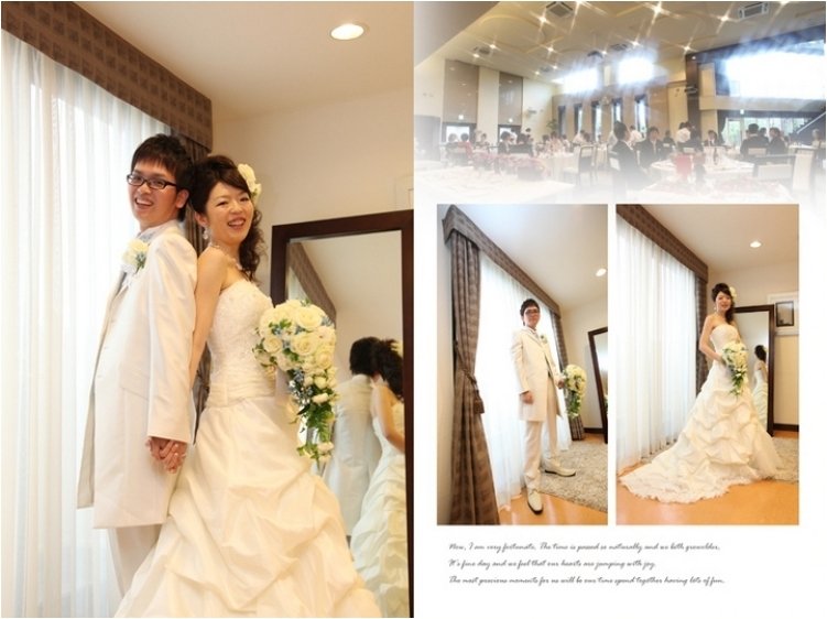 ケーキの上の人形を始め、目がハートになったミッキーとミニーや、新郎新婦をイメージさせるニードルフェルトのウェルカムドールも、お二人の可愛らしくもあたたかな雰囲気が伝えてくれるアルバムです。6頁目:結婚式アルバム
