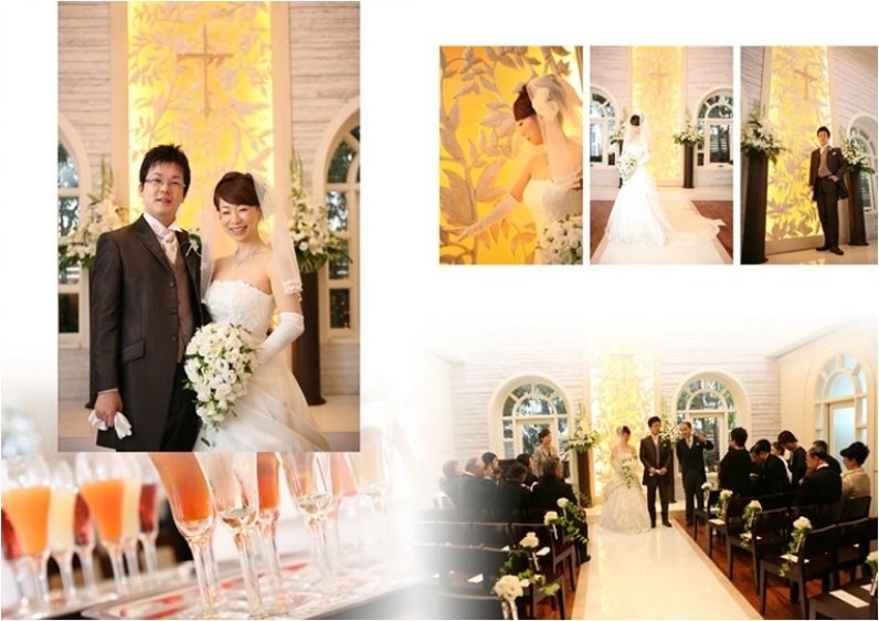 挙式を終えたお二人を祝福したのは天井から降り注ぐフラワースコール。4頁目:結婚式アルバム