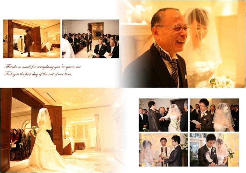 たくさんの舞い落ちる花びらに思わず天を見上げました。5頁目:結婚式アルバム