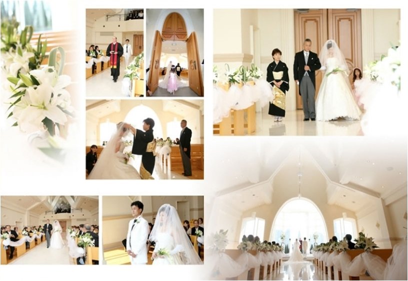 純白のタキシードとドレスが眩しいほどに輝きとても美しいです。5頁目:結婚式アルバム