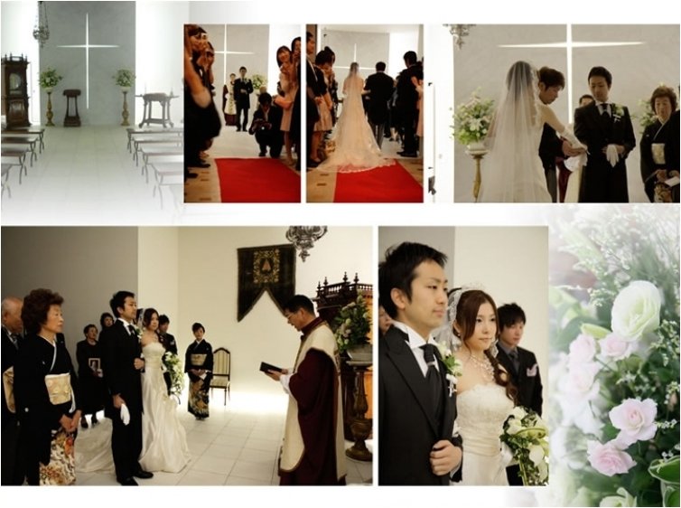 アンティークな調度品と白を基調とした明るいチャペルは新婦の美しさをより引き立たせてくれます。4頁目:結婚式アルバム