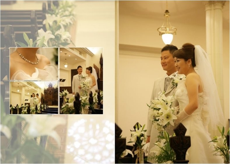 挙式前、チャペルでの和やかな撮影のシーンから始まります。3頁目:結婚式アルバム