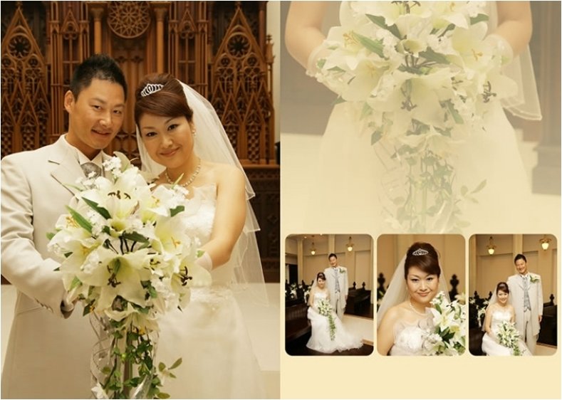 バージンロードやブーケの可憐で清楚な百合はボリュームもあり豪華に。4頁目:結婚式アルバム