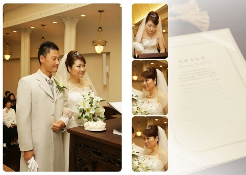 ケーキカットのシーンでの幸せそうな笑顔にこちらも笑みがこぼれてしまいます。7頁目:結婚式アルバム