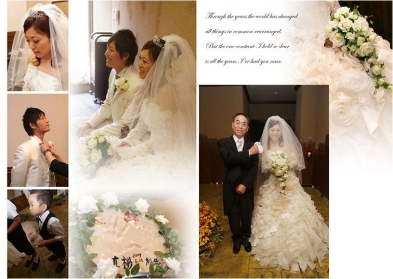 挙式の直前のシーンのお父様と新婦の2ショットは仲の良さが伝わってくる素敵な一枚です。4頁目:結婚式アルバム