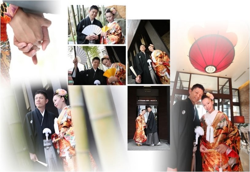 結婚式は森の中にいるかのようなウッド調の明るいチャペル、色打掛と紋付袴で臨まれました。3頁目:結婚式アルバム