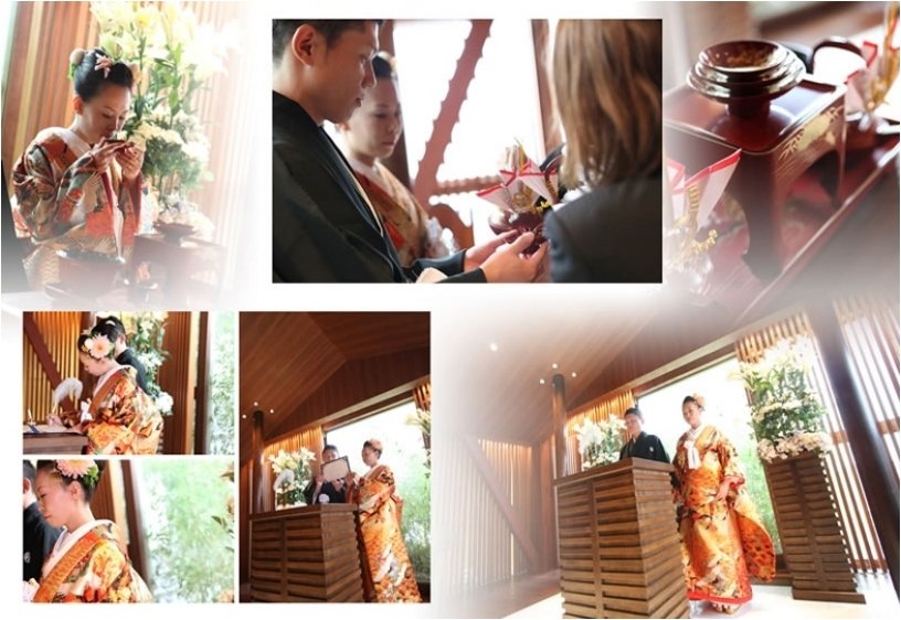披露宴はウェディングドレスと白のタキシード姿で登場。5頁目:結婚式アルバム