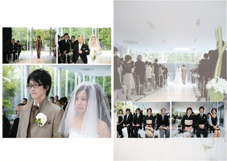 披露宴会場はブラウンと白のモダンな雰囲気の会場で。4頁目:結婚式アルバム