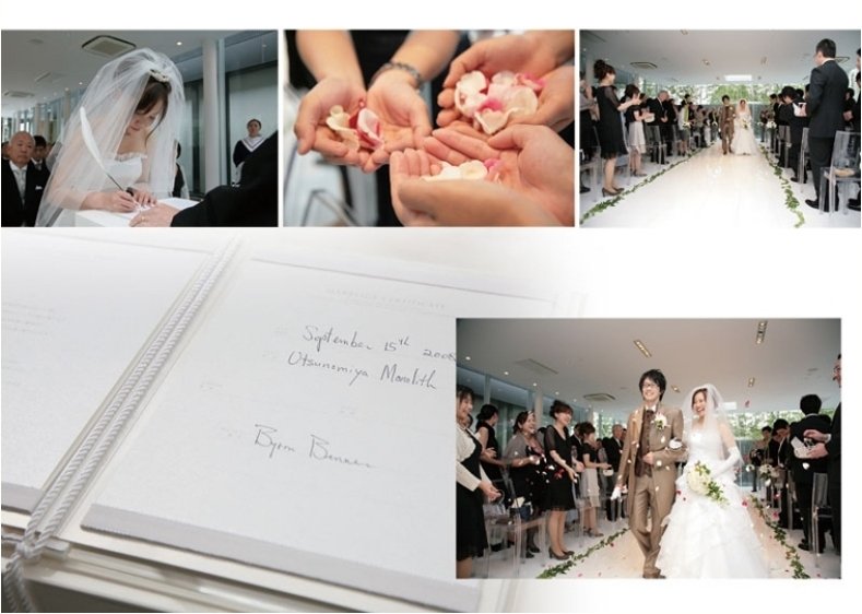 お色直しはピンクのドレスに前髪を上げ大人っぽく変身です。6頁目:結婚式アルバム