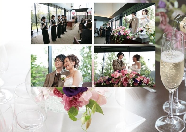 小物だけでなくその場面にあったお写真を背景として取り入れることで場面雰囲気がより感じられるアルバムとなりました。9頁目:結婚式アルバム