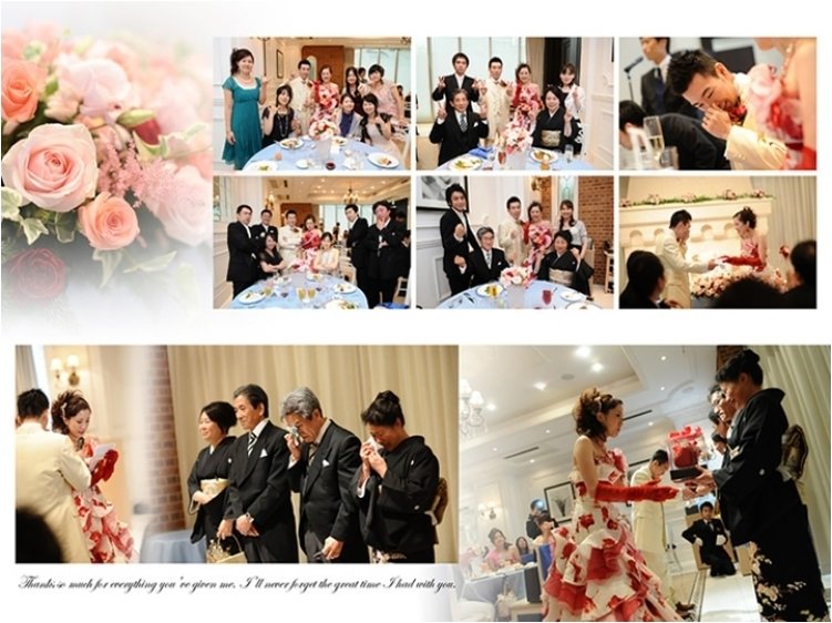 二次会では新婦がダンスを披露するなど楽しいショットが満載の一冊になりました。8頁目:結婚式アルバム