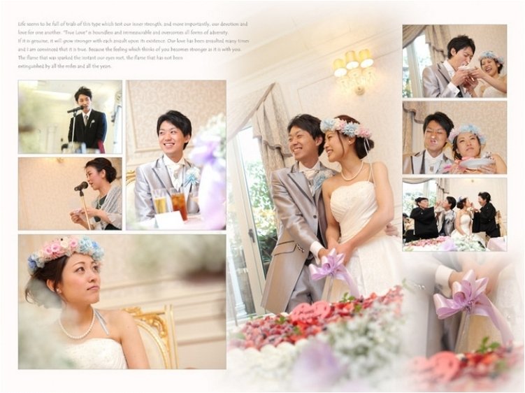 前撮りのページも作り、和装姿でキリッとした雰囲気で締めくくられました。10頁目：結婚式アルバム