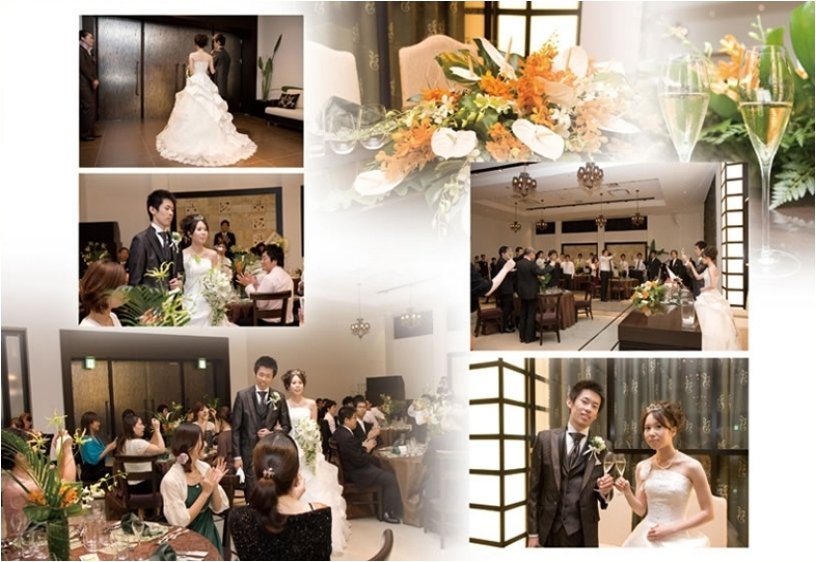 オレンジのドレスと装花の色が合い、差し色の紫や青の花が色鮮やかなページに仕上げてくれました。8頁目:結婚式アルバム