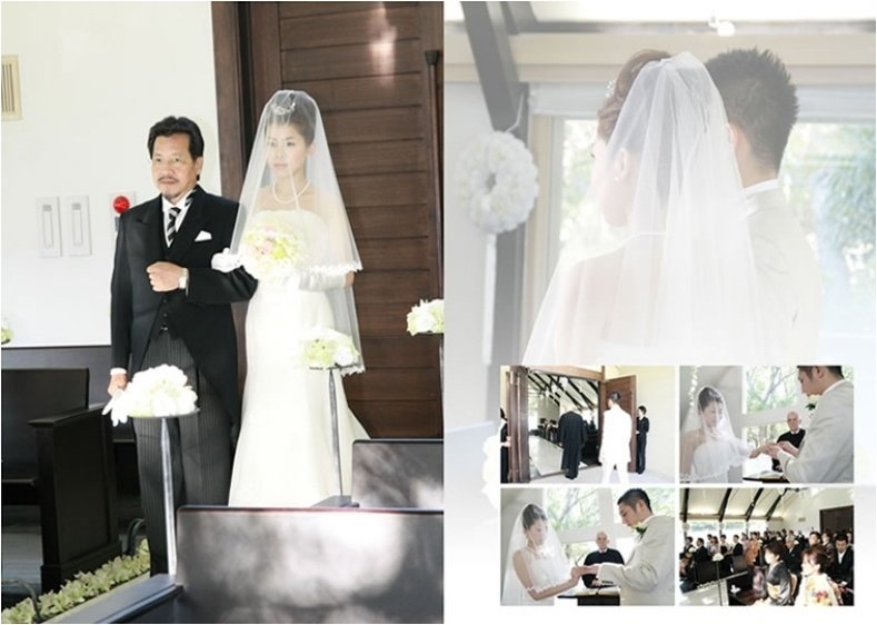 祭壇の向こうは陽光がきらめき神々しさも感じられ、裾の長いウェディングドレスが花嫁の美しさをより一層引き立たせます。5頁目:結婚式アルバム