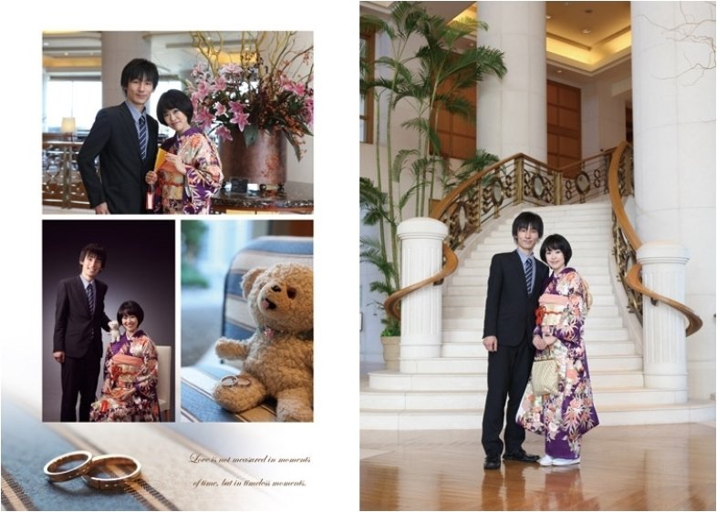 光あふれる祭壇を背に紫の上品な振り袖姿が大変美しいです。4頁目:結婚式アルバム