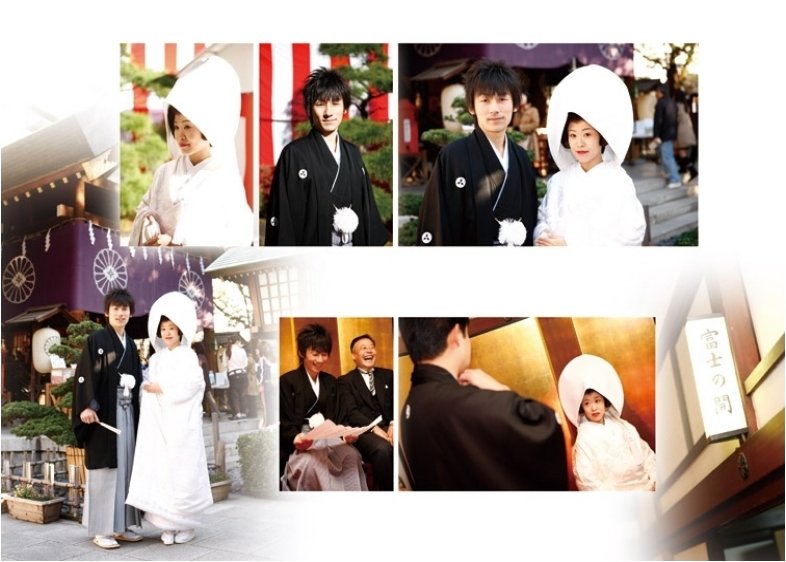 挙式当日はお天気にも恵まれ、神社でのお二人の姿も晴れやかです。5頁目:結婚式アルバム