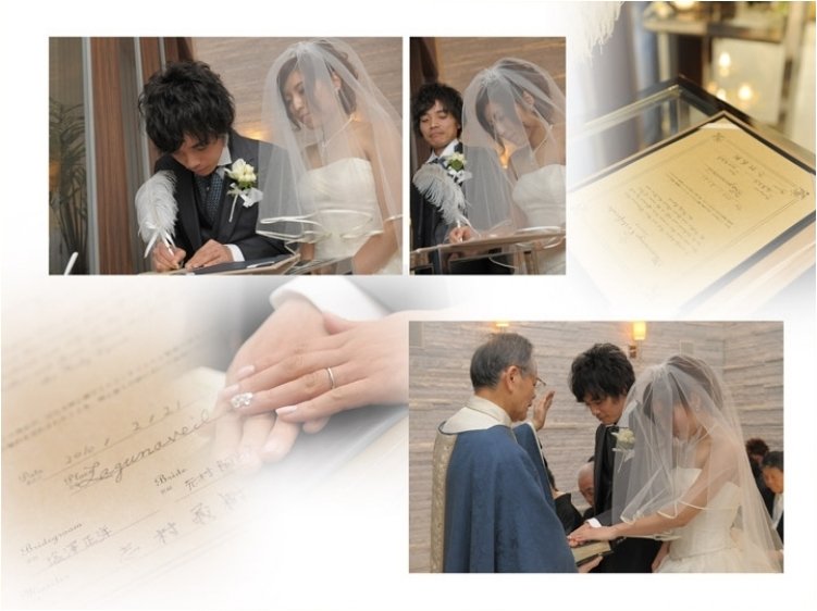 新婦がお母様と手をつなぎ中座するシーンでは、新郎がカメラで写真を撮るなど優しい様子が伝わってきます。5頁目:結婚式アルバム