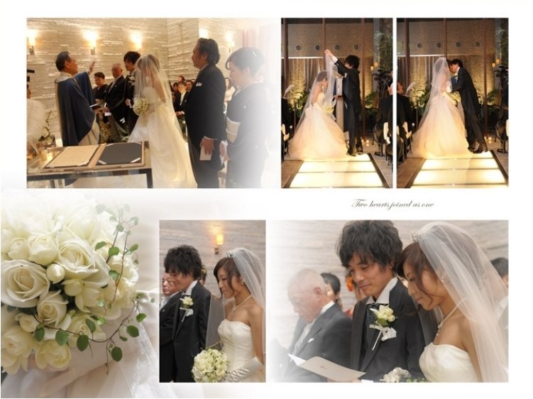 和装にお色直しをしての再入場、髪にあしらった大きなユリのヘッドドレスが新婦の着物を引き立てました。6頁目:結婚式アルバム
