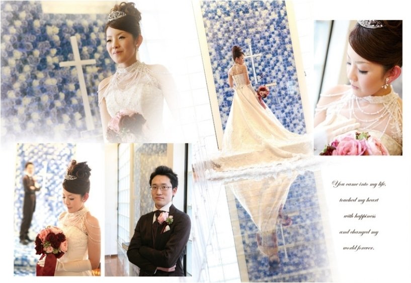 ゲストとのお写真も多く使い、賑やかな雰囲気が伝わってきます。3頁目:結婚式アルバム