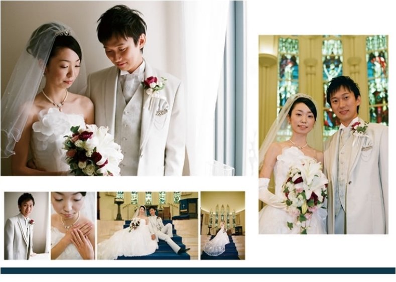 照明を落とした式場に新婦とお父様がスポットライトを浴びて入場されます。3頁目:結婚式アルバム