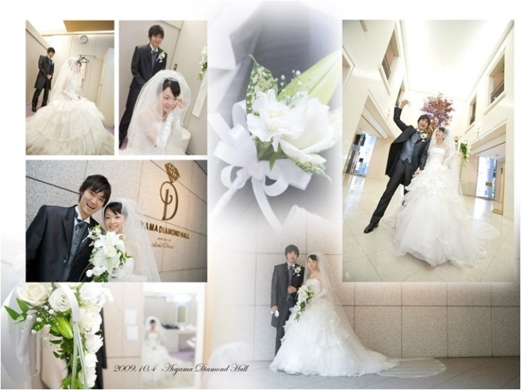 ホワイトとグリーンのブーケが真っ白なドレスを引き立たせました。2頁目:結婚式アルバム