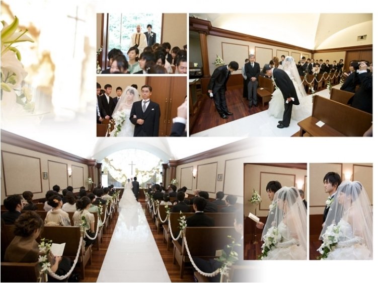 パイプオルガンの演奏に合わせ結婚の誓いを立てたお二人、最後はしっかりと新郎の腕を組んで笑顔の退場です。5頁目:結婚式アルバム