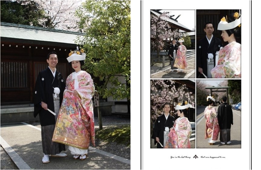 この公園の豊かな緑の中にたたずむ千三百年の歴史ある射水神社が結婚式の舞台となります。2頁目:結婚式アルバム