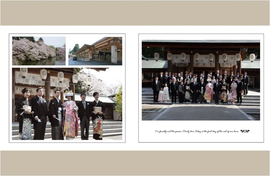 淡いピンクの桜と新婦のピンクの色打掛が春の優しい風を感じさせます。3頁目:結婚式アルバム
