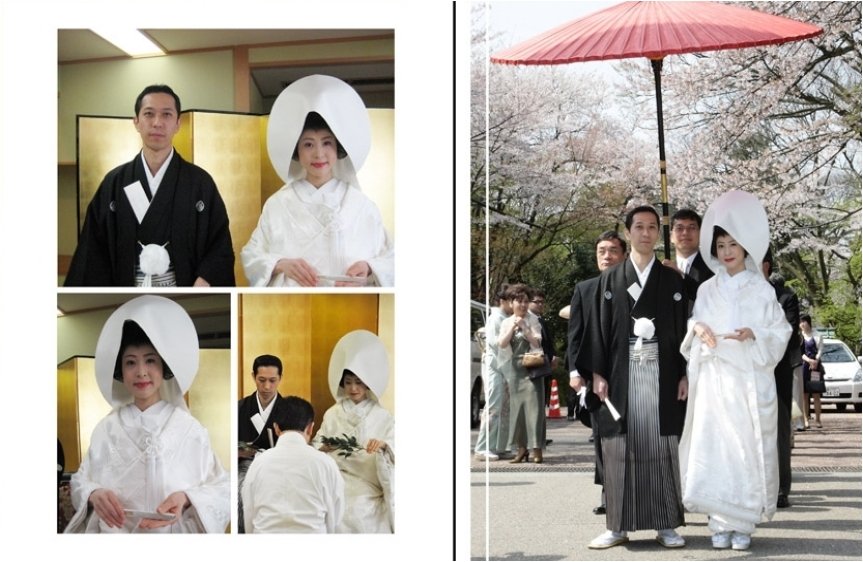 大鳥居から拝殿へとのびる石畳の参道を、巫女の先導をうけて、ゆっくりと一歩、また一歩。4頁目:結婚式アルバム