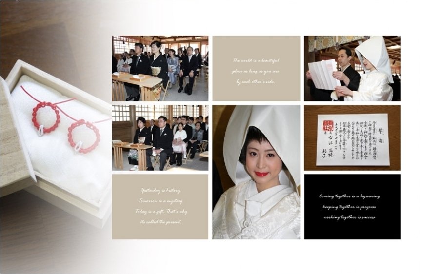 赤い紐をお互いに左手の小指に結び合い、お二人は固く結ばれます。7頁目:結婚式アルバム