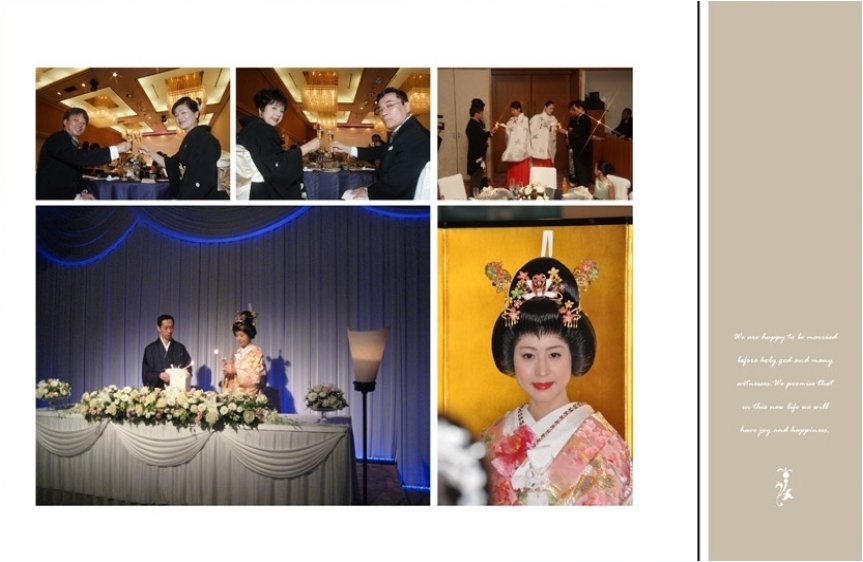 披露宴はピンクの色打掛、ウエディングドレスをお召になられた新婦はまたガラっと印象が変えられ、ご親族による様々な楽器や新婦のピアノの生演奏など会場内が優美なひとときを味わえる披露宴となりました。8頁目:結婚式アルバム