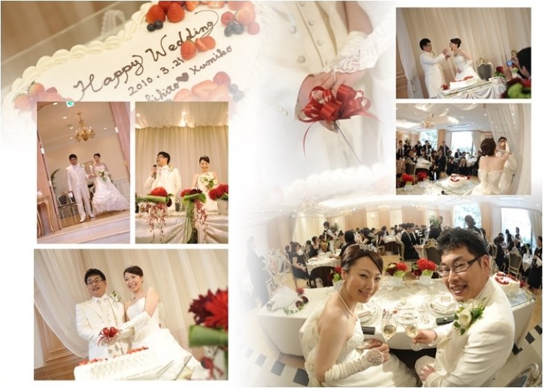 前撮りから当日まで、楽しい結婚式の思い出をギュッと詰め込みました。11頁目:結婚式アルバム