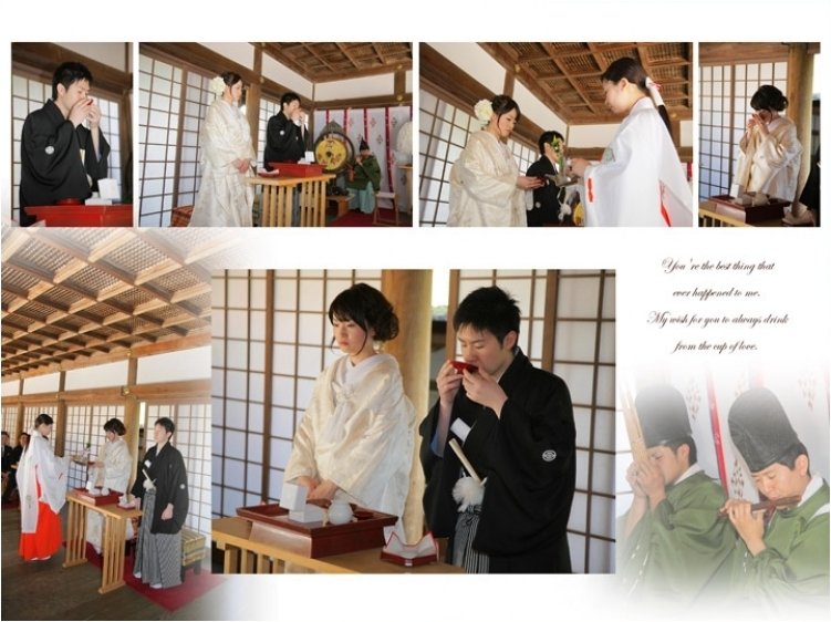 お支度のページでは指輪、揃えられた草履、鮮やかな緋色の神社の鳥居など、時系列に沿って小物やその時どきのお写真を背景に入れ、ふんわりとした柔らかな雰囲気の中にもストーリーが感じられます。5頁目:結婚式アルバム