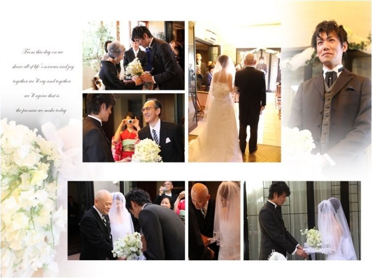 誓いのキスを終えすっかり緊張も解けた様子の新婦、新郎にそっと寄り添う姿に一斉にシャッターが切られました。4頁目:結婚式アルバム