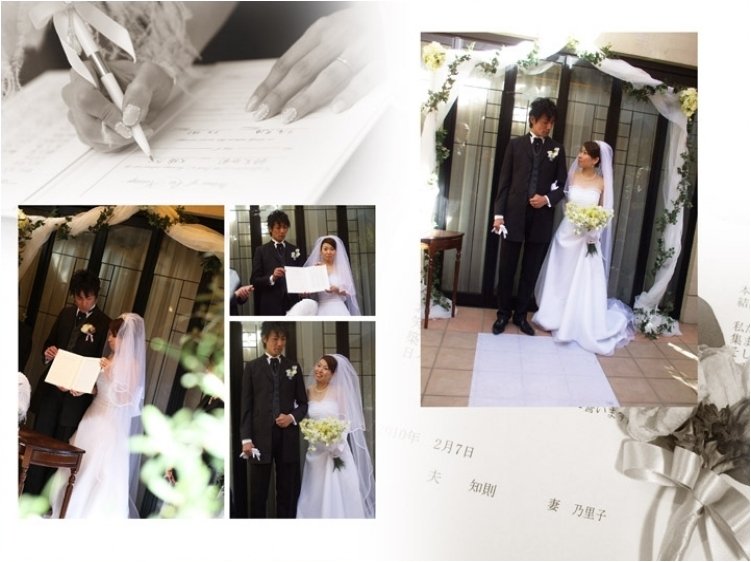 フラワーシャワーでは、たくさんの花びらがドレスに舞い散り、色鮮やかに染めました。6頁目:結婚式アルバム