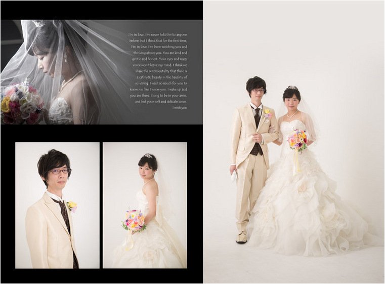 白いウエディングドレスではフォトプロップスやガーランドを使いキュートに。2頁目：結婚式アルバム